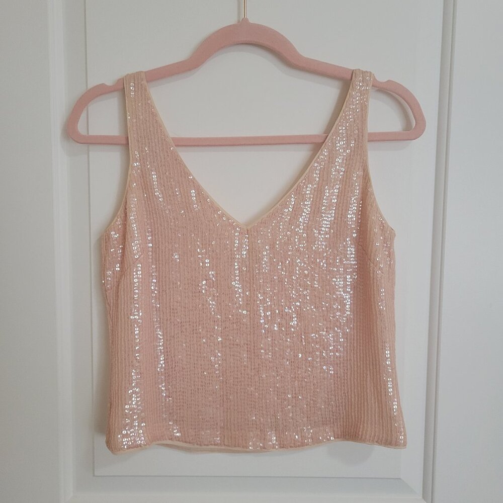 Banana Republic Vintage Silk Sequin V-Neck Top Blush Pink XS